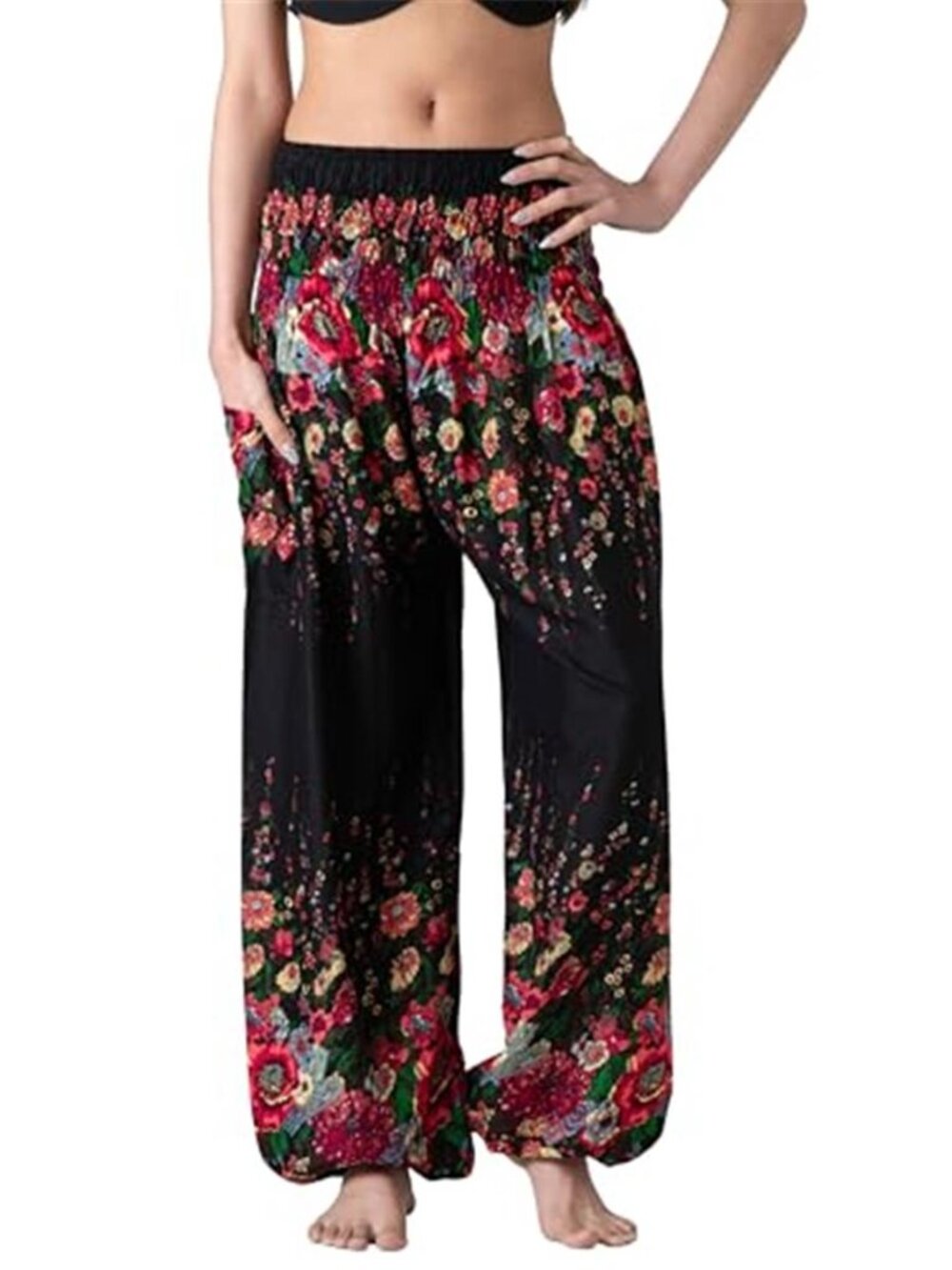 Womens Harem Pants Black Floral Boho Yoga Lounge Elastic Waist Pocket One Size